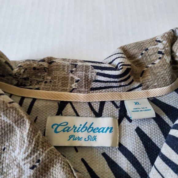 Caribbean Pure Silk Hawaiian Coastal Navy and Tan Wood Button Up Shirt XL - Picture 10 of 15